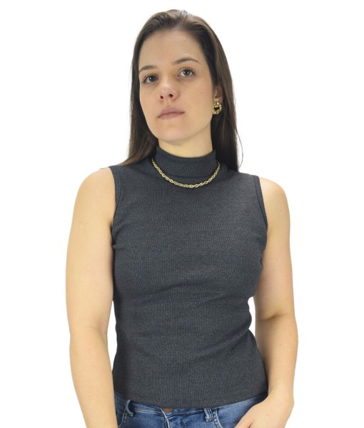 Blusa Regata Camiseta Canelada malha gola alta Butu Biru Mescla
